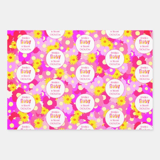 ピンクかわいらしの花の赤パーソナライズされたちゃんシャワー ラッピングペーパーシート (正面)