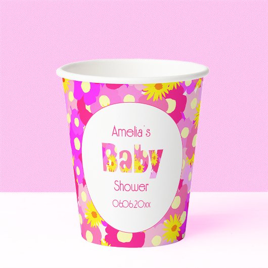 ピンクかわいらしの花の赤パーソナライズされたちゃんシャワー 紙コップ