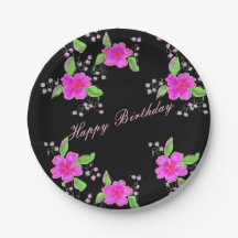 ピンクかわいらしの花の黒い誕生日プレート