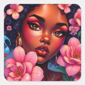 ピンクかわいらしの花を咲かせる女性 スクエアシール (正面)