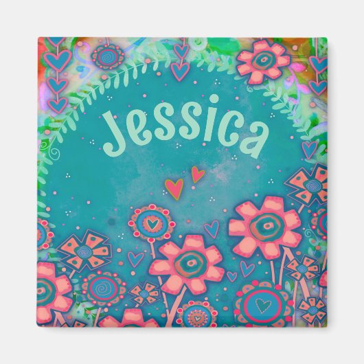 ピンクかわいらしの花カスタムティール（緑がかった色）吸光度マグネット マグネット (正面)