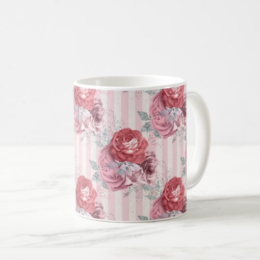 ピンクかわいらしの花ストライプの柄 コーヒーマグカップ (正面右)