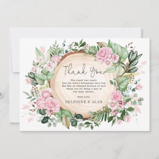 ピンクかわいらしの花バラガーデンベイビーシャワー サンキューカード (正面)