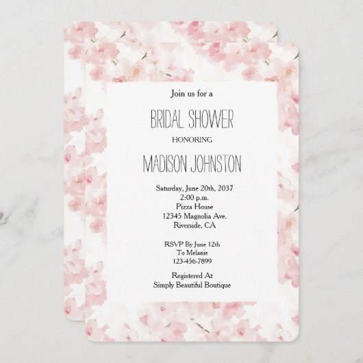 ピンクかわいらしの花ブライダルシャワー 招待状 (正面/裏面)