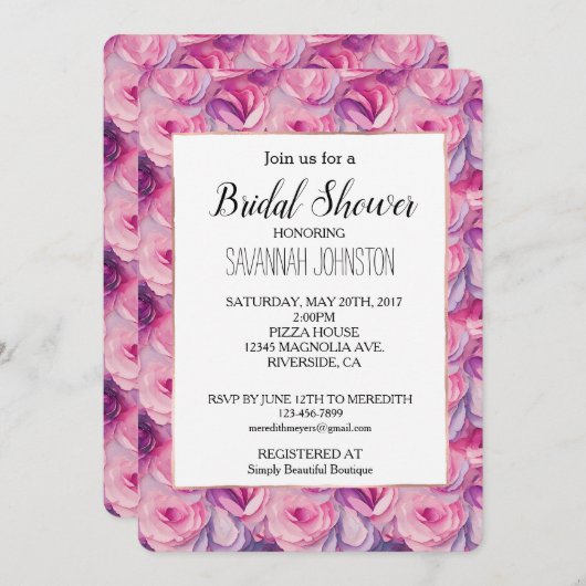 ピンクかわいらしの花ブライダルシャワー 招待状 (正面/裏面)