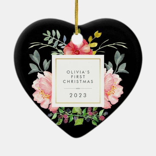 ピンクかわいらしの花初めてのクリスマスオンブラック セラミックオーナメント (裏面)