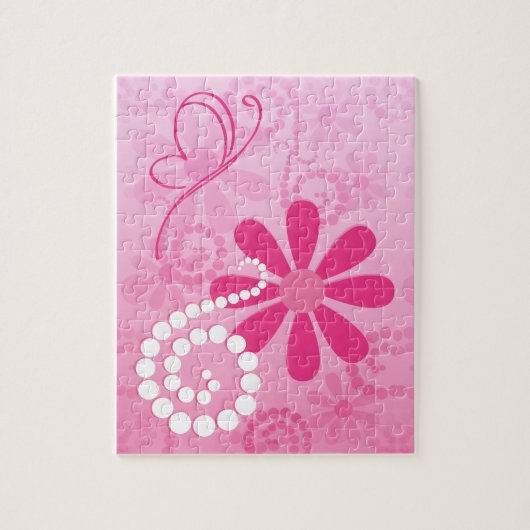 ピンクかわいらしの花可愛いレトロデイジー柄 ジグソーパズル (縦)