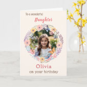 ピンクかわいらしの花娘フォト誕生日 カード (黄色い花)