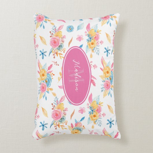 ピンクかわいらしの花柄モノグラムの アクセントクッション (正面(垂直))