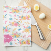 ピンクかわいらしの花柄モノグラムの キッチンタオル (四つ折り)