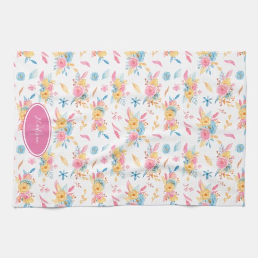 ピンクかわいらしの花柄モノグラムの キッチンタオル (横)