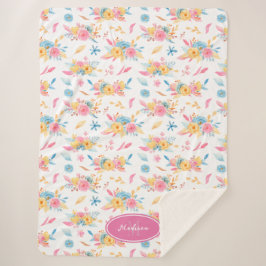 ピンクかわいらしの花柄モノグラムの シェルパブランケット