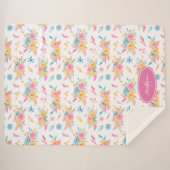 ピンクかわいらしの花柄モノグラムの シェルパブランケット (正面(横))