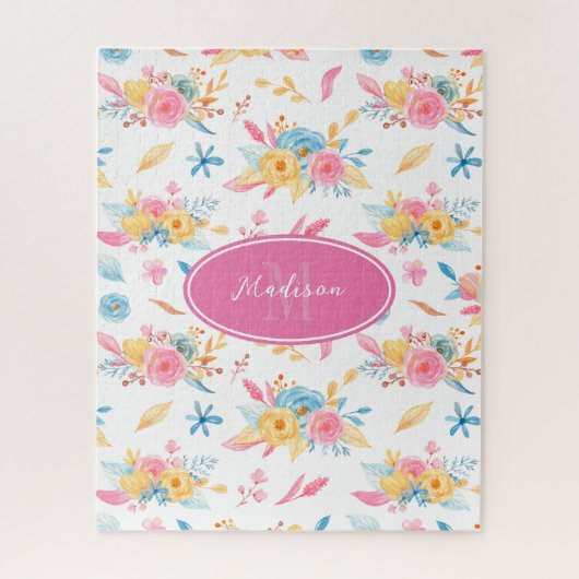 ピンクかわいらしの花柄モノグラムの ジグソーパズル (縦)