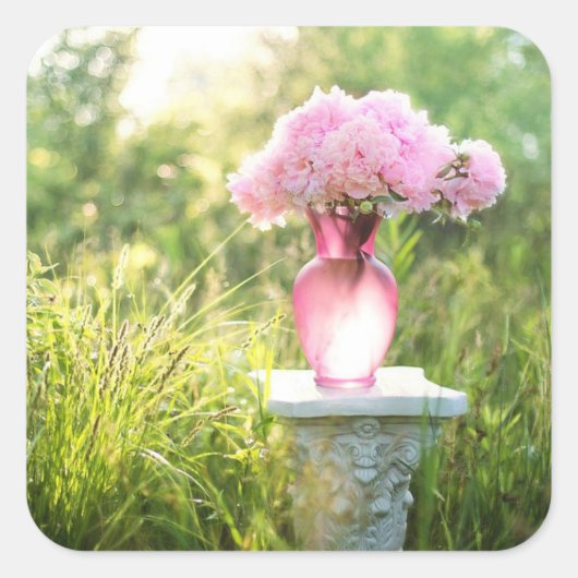 ピンクかわいらしの花瓶ステッカー スクエアシール (正面)