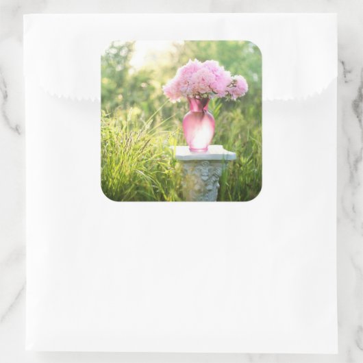ピンクかわいらしの花瓶ステッカー スクエアシール (バッグ)