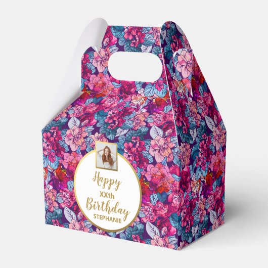 ピンクかわいらしの花，カスタムハッピーバースデー フェイバーボックス (正面サイド)
