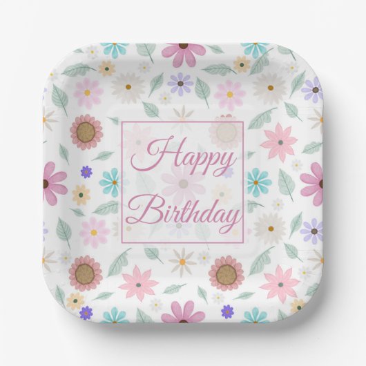 ピンクかわいらしの花Groovyレトロデザイン ペーパープレート (正面)