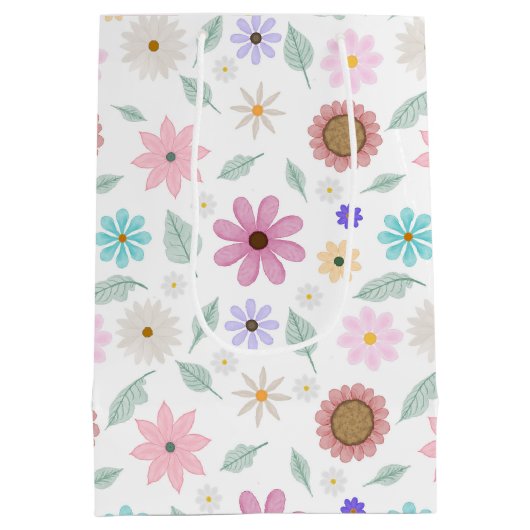 ピンクかわいらしの花Groovyレトロデザイン ミディアムペーパーバッグ (裏面)