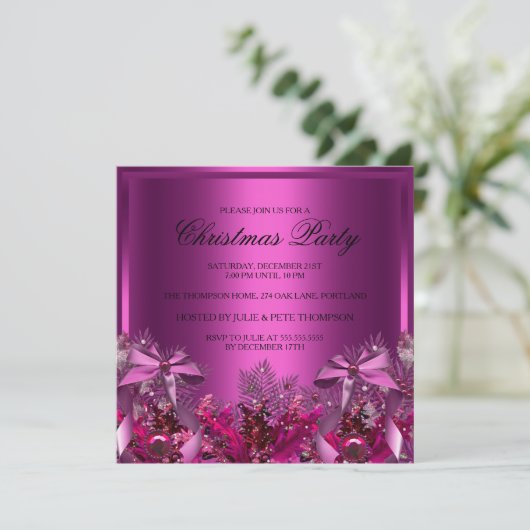 ピンクかわいらしの葉と弓クリスマスパーティー招待状 招待状 (スタンド正面)