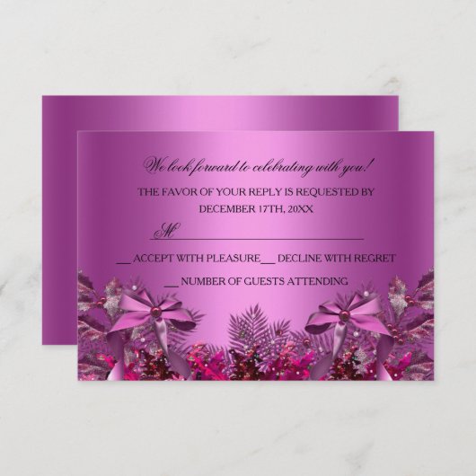 ピンクかわいらしの葉と弓クリスマスパーティーRSVP 招待状 (正面/裏面)