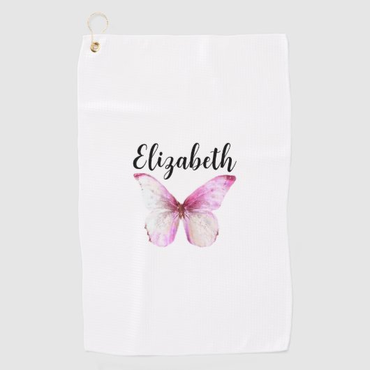 ピンクかわいらしの蝶と名前をカスタムする ゴルフタオル (正面)