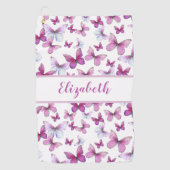 ピンクかわいらしの蝶と名前をカスタムする ゴルフタオル (正面)