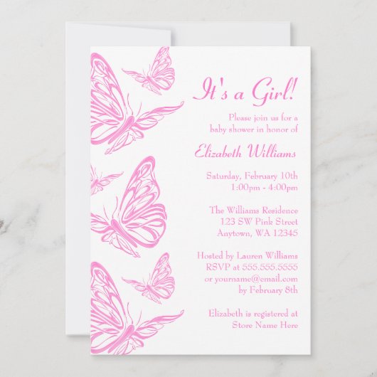 ピンクかわいらしの蝶ベビーシャワー招待状 招待状 (正面)