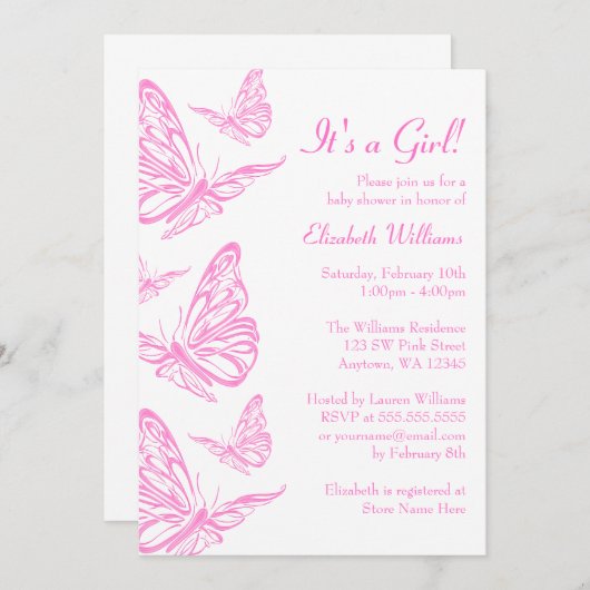 ピンクかわいらしの蝶ベビーシャワー招待状 招待状 (正面/裏面)