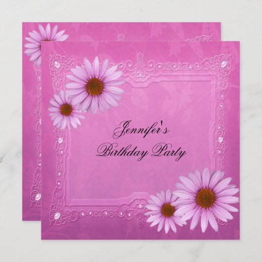 ピンクかわいらしの誕生日パーティー花任意の年齢 招待状 (正面/裏面)