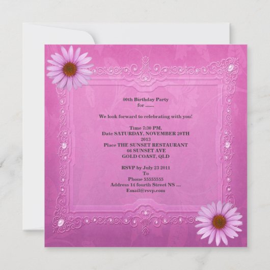 ピンクかわいらしの誕生日パーティー花任意の年齢 招待状 (裏面)