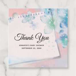 ピンクかわいらしの赤ちゃんシャワーに青い花 フェイバータグ