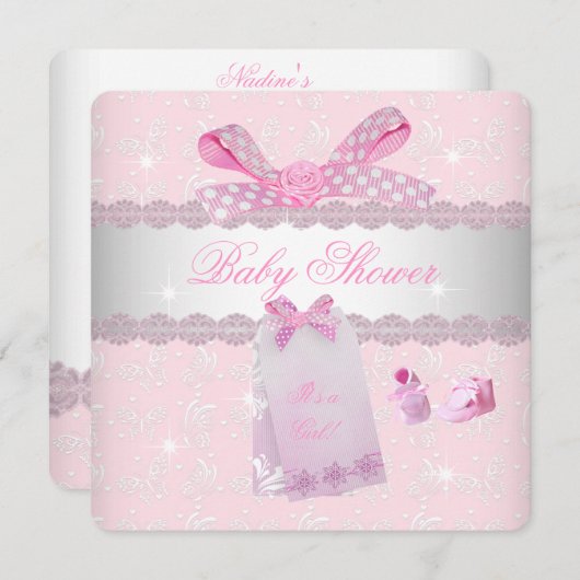 ピンクかわいらしの赤ちゃんシャワーガールブース 招待状 (正面/裏面)