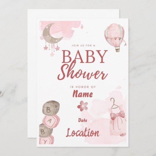 ピンクかわいらしの赤ちゃんシャワー招待状 招待状 (正面/裏面)