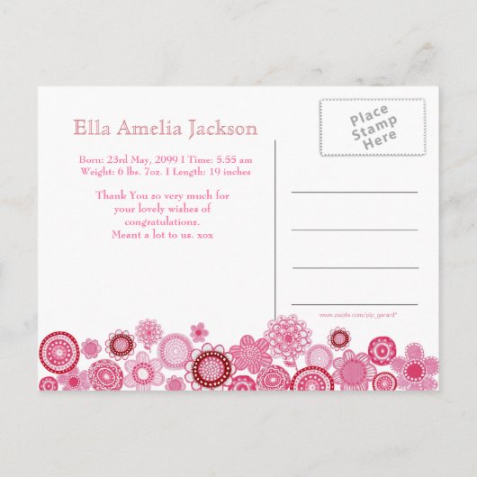 ピンクかわいらしの赤ちゃん女の子の写真ありがとうポストカード 案内ポストカード (裏面)