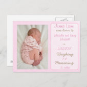 ピンクかわいらしの赤ちゃん女の子の誕生発表葉書 案内ポストカード (正面/裏面)