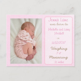 ピンクかわいらしの赤ちゃん女の子の誕生発表葉書 案内ポストカード