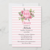 ピンクかわいらしの赤ストライプのちゃんシャワー招待状 招待状 (正面)