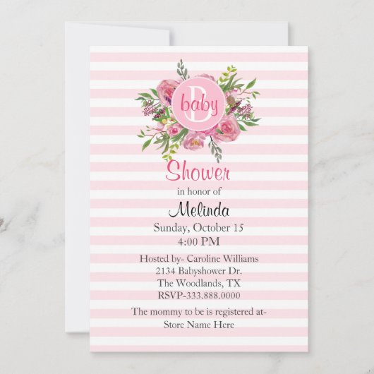 ピンクかわいらしの赤ストライプのちゃんシャワー招待状 招待状 (正面)
