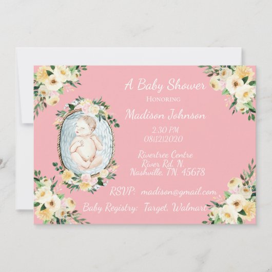 ピンクかわいらしの赤生まれたばかりのちゃんガールシャワー 招待状 (正面)