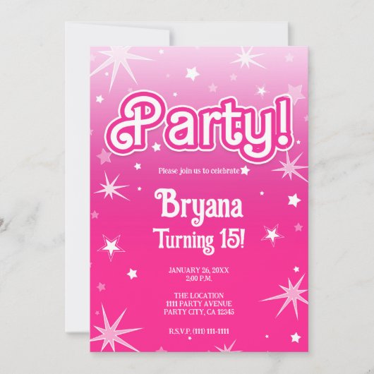 ピンクかわいらしの輝く星のパーティー写真 招待状 (正面)