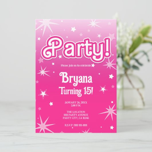ピンクかわいらしの輝く星のパーティー写真 招待状 (スタンド正面)