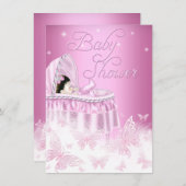 ピンクかわいらしの輝く蝶の女の子の赤ちゃんシャワー 招待状 (正面/裏面)