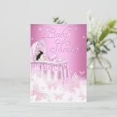 ピンクかわいらしの輝く蝶の女の子の赤ちゃんシャワー 招待状 (スタンド正面)