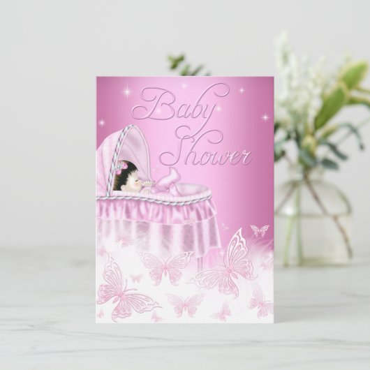 ピンクかわいらしの輝く蝶の女の子の赤ちゃんシャワー 招待状 (スタンド正面)