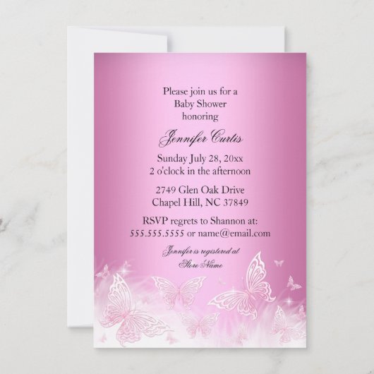 ピンクかわいらしの輝く蝶の女の子の赤ちゃんシャワー 招待状 (裏面)