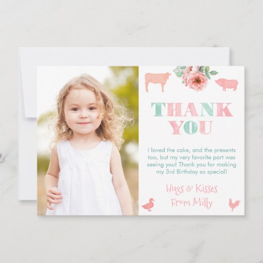 ピンクかわいらしの農園動物女の子の誕生日パーティー写真 サンキューカード (正面)