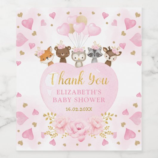 ピンクかわいらしの金ゴールドウッドランドスウィートベビーシャワー ワインラベル (シングルラベル)