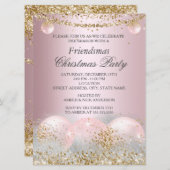 ピンクかわいらしの金ゴールドバウブルフレンドズクリスマスパーティー 招待状 (正面/裏面)