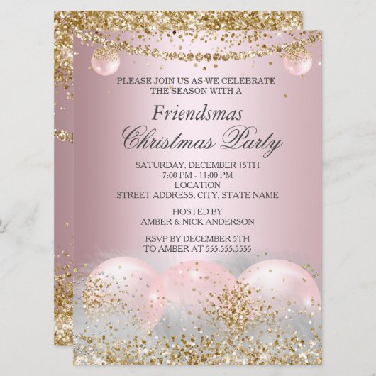 ピンクかわいらしの金ゴールドバウブルフレンドズクリスマスパーティー 招待状 (正面/裏面)